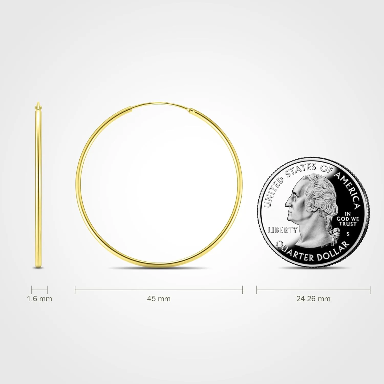 14 Karat Gold Hoop Earrings, 14K Gold Hoop Earrings for Women, Dainty Gold Vermeil Endless Thin Hoops, 14K Gold Plated 925 Sterling Silver, 35/45/55mm