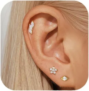 14k Gold Stud Earrings For Women, Earring Stacks Gold Earrings Stud Set, Hypoallergenic Crawler Earrings Set 925 Sterling Silver,Trendy Zirconia Stud Earrings For Women