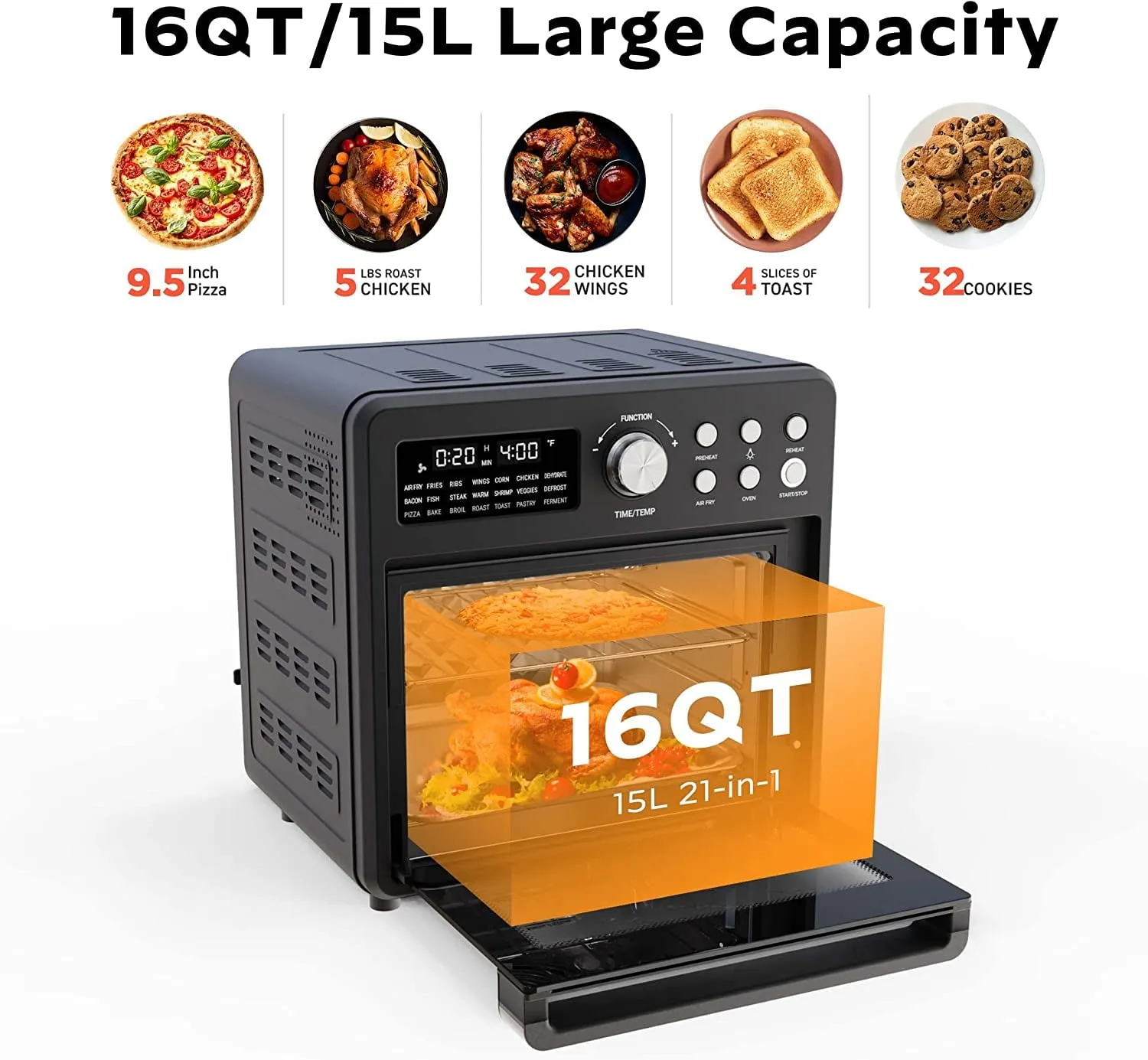 16 Quart Air Fryer 21-in-1 Air Fryer Toaster Oven Combo with Recipe, 1600W, Black