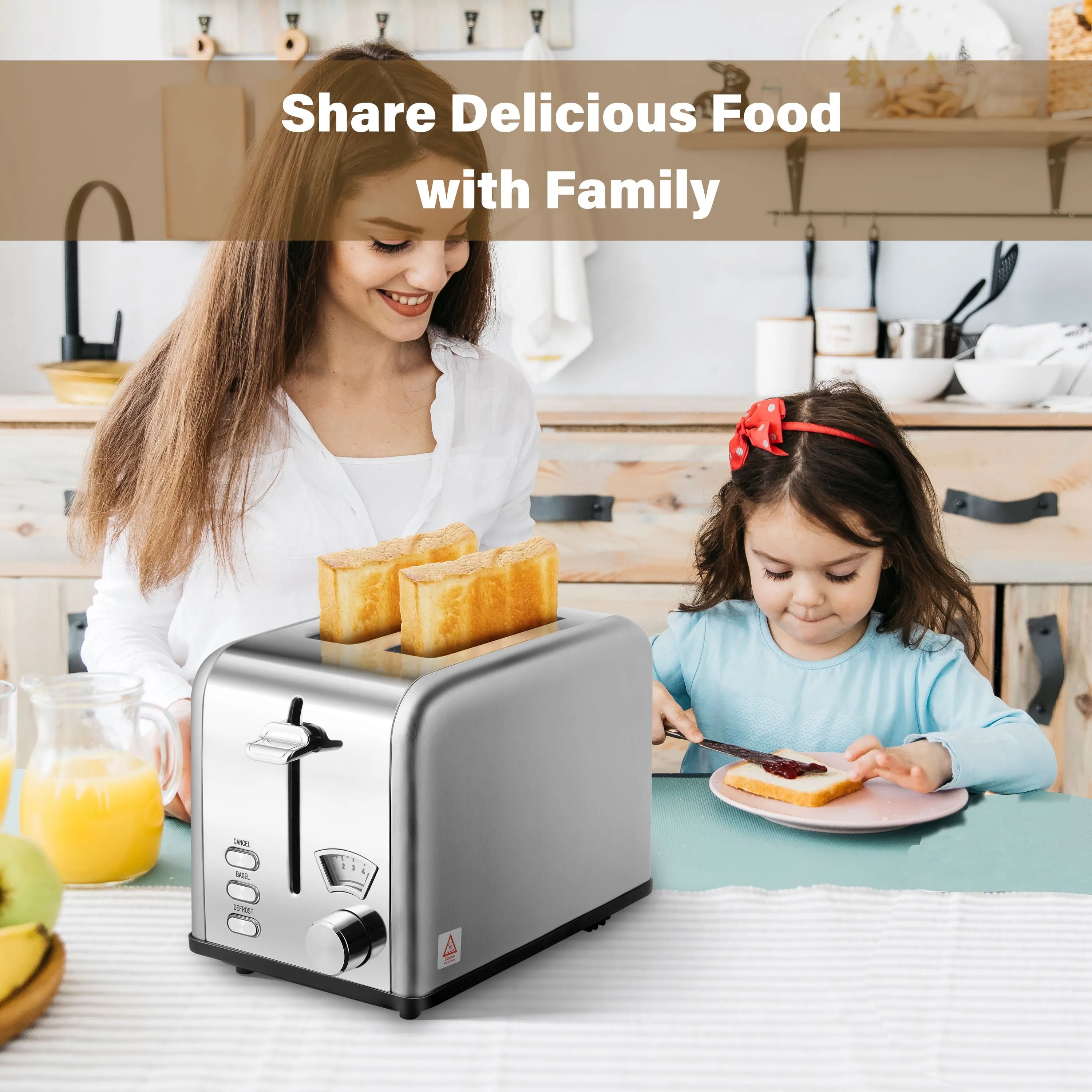2 Slice Toaster Extra Wide Slots 5 Shade Settings Bagel, Defrost & Cancel Function Stainless Steel Removable Crumb Tray