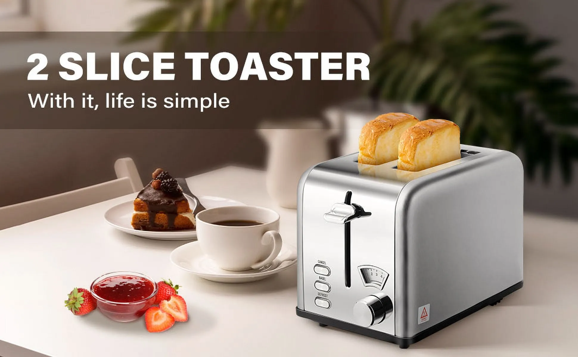 2 Slice Toaster Extra Wide Slots 5 Shade Settings Bagel, Defrost & Cancel Function Stainless Steel Removable Crumb Tray
