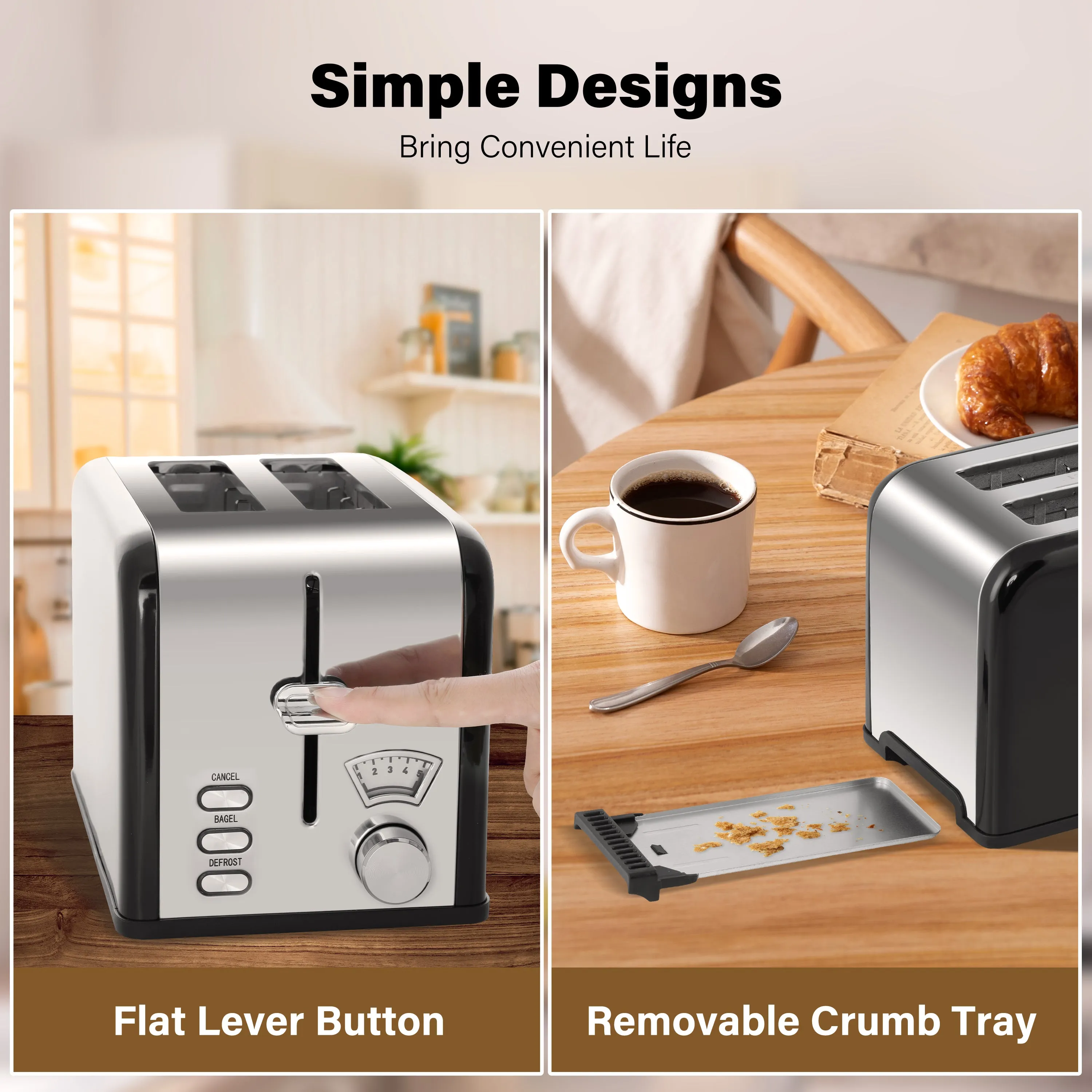 2 Slice Toaster Extra Wide Slots 5 Shade Settings Bagel, Defrost & Cancel Function Stainless Steel Removable Crumb Tray