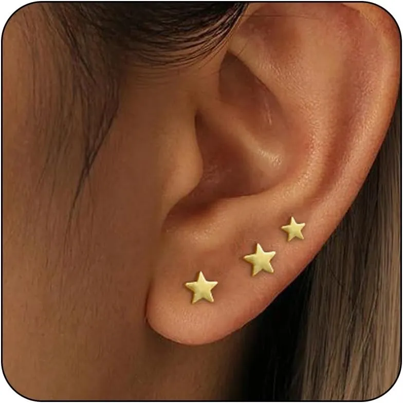 3 Pairs 14K Gold Stud Earring Sets for Women Dainty 925 Sterling Silver Earrings for Multiple Piercing Tiny Cartilage Tragus Cute Trendy Post Earrings Stacks Jewelry Gifts