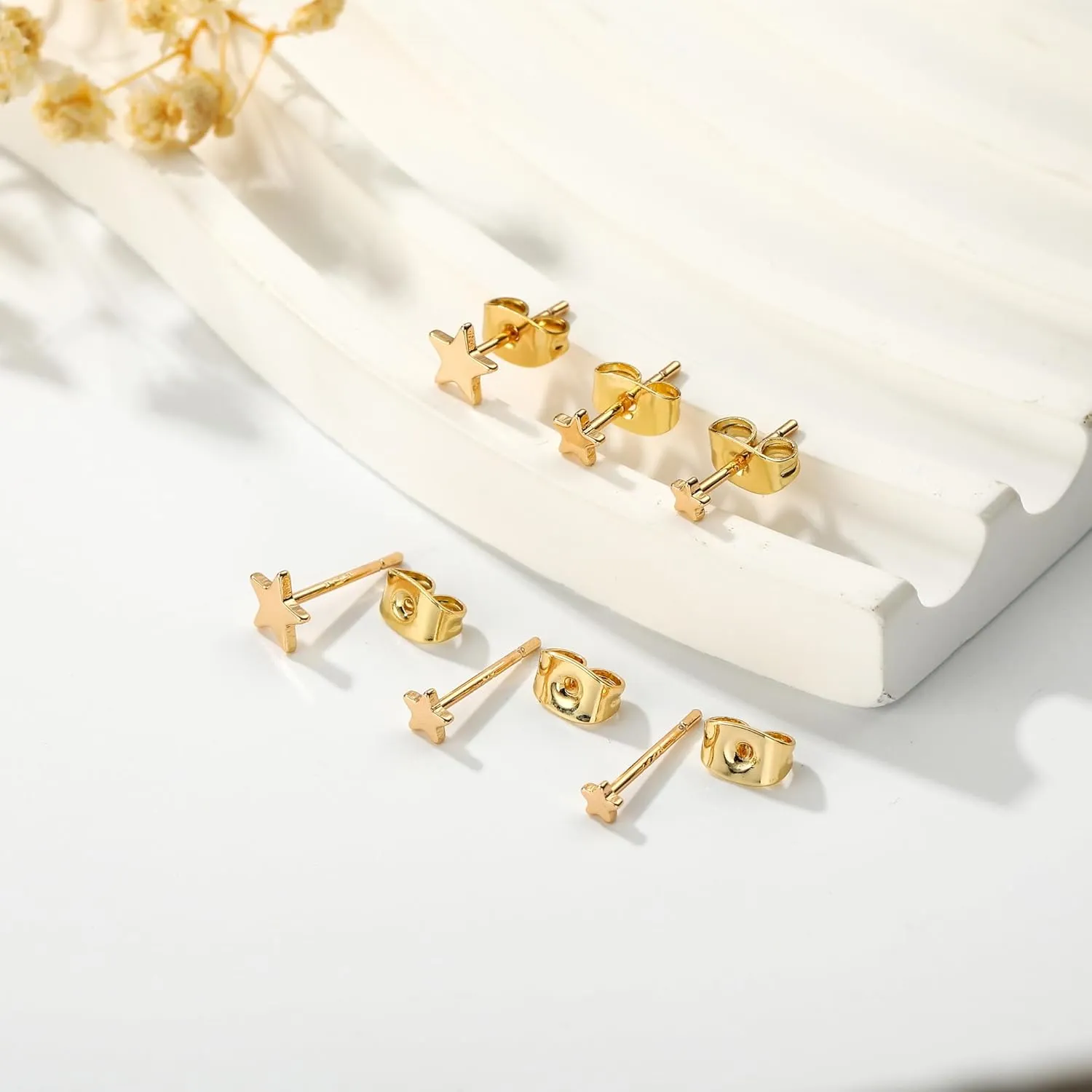 3 Pairs 14K Gold Stud Earring Sets for Women Dainty 925 Sterling Silver Earrings for Multiple Piercing Tiny Cartilage Tragus Cute Trendy Post Earrings Stacks Jewelry Gifts