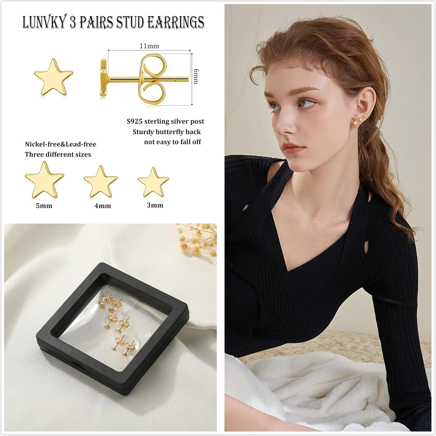 3 Pairs 14K Gold Stud Earring Sets for Women Dainty 925 Sterling Silver Earrings for Multiple Piercing Tiny Cartilage Tragus Cute Trendy Post Earrings Stacks Jewelry Gifts