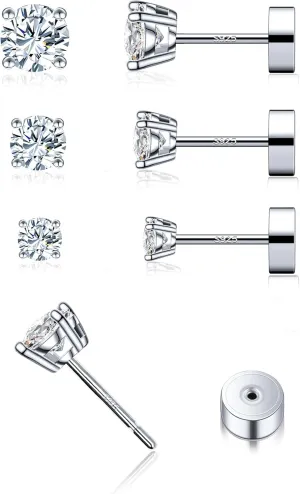3 Pairs Moissanite Stud Earrings for Women & Men, Sterling Silver Hypoallergeni Design, Flat Back, Cartilage Helix Piercing Earring, D Color VVS1 Moissanite Earrings Set, 18K White Gold Plated