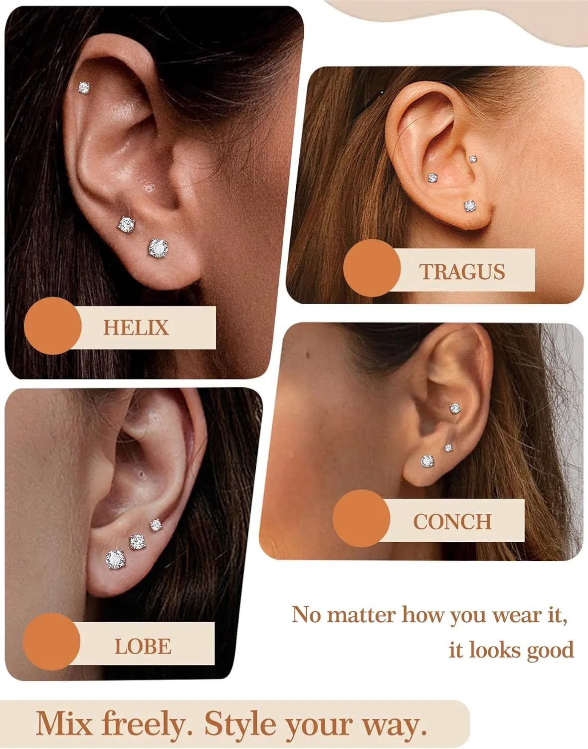 3 Pairs Moissanite Stud Earrings for Women & Men, Sterling Silver Hypoallergeni Design, Flat Back, Cartilage Helix Piercing Earring, D Color VVS1 Moissanite Earrings Set, 18K White Gold Plated