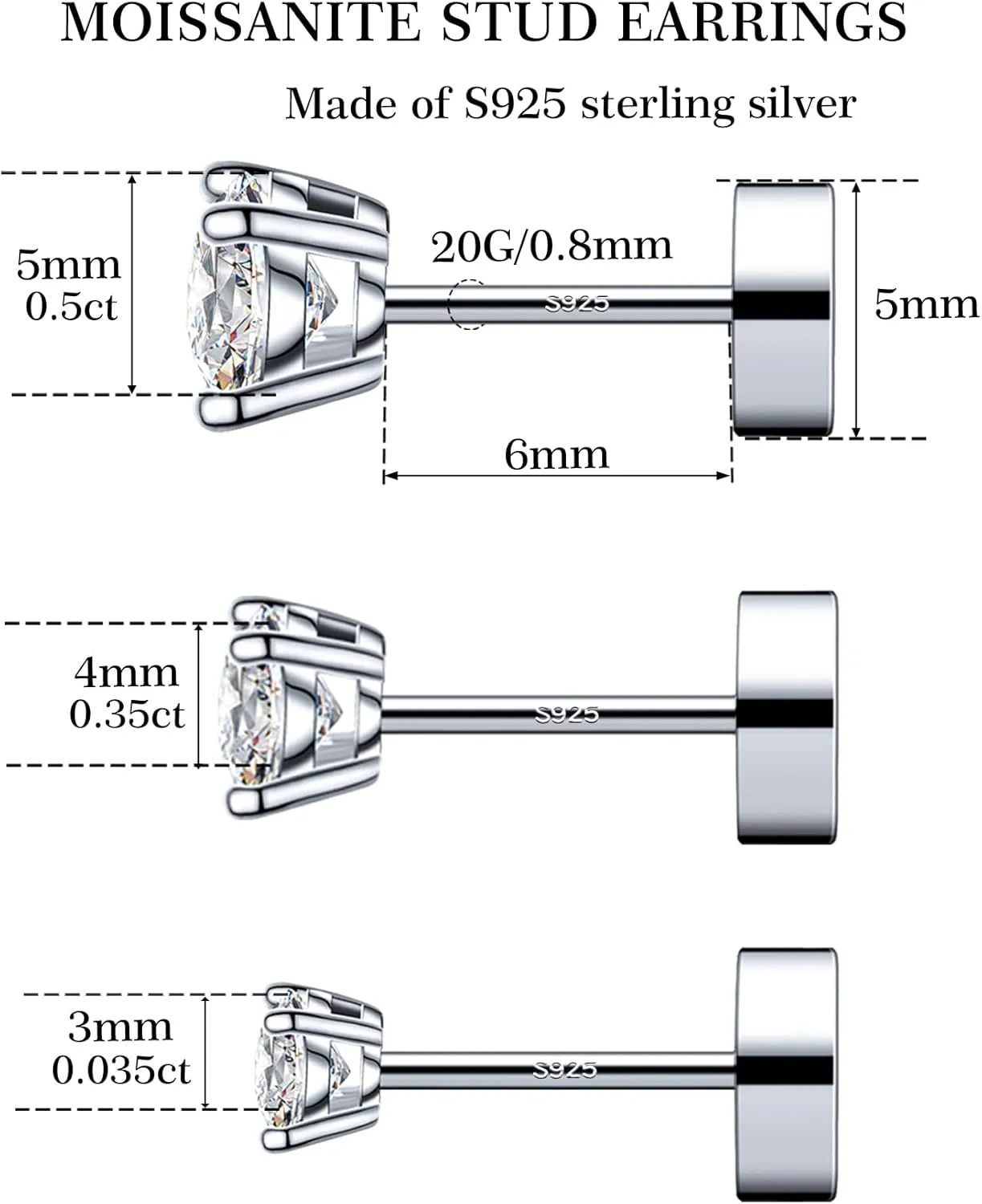 3 Pairs Moissanite Stud Earrings for Women & Men, Sterling Silver Hypoallergeni Design, Flat Back, Cartilage Helix Piercing Earring, D Color VVS1 Moissanite Earrings Set, 18K White Gold Plated