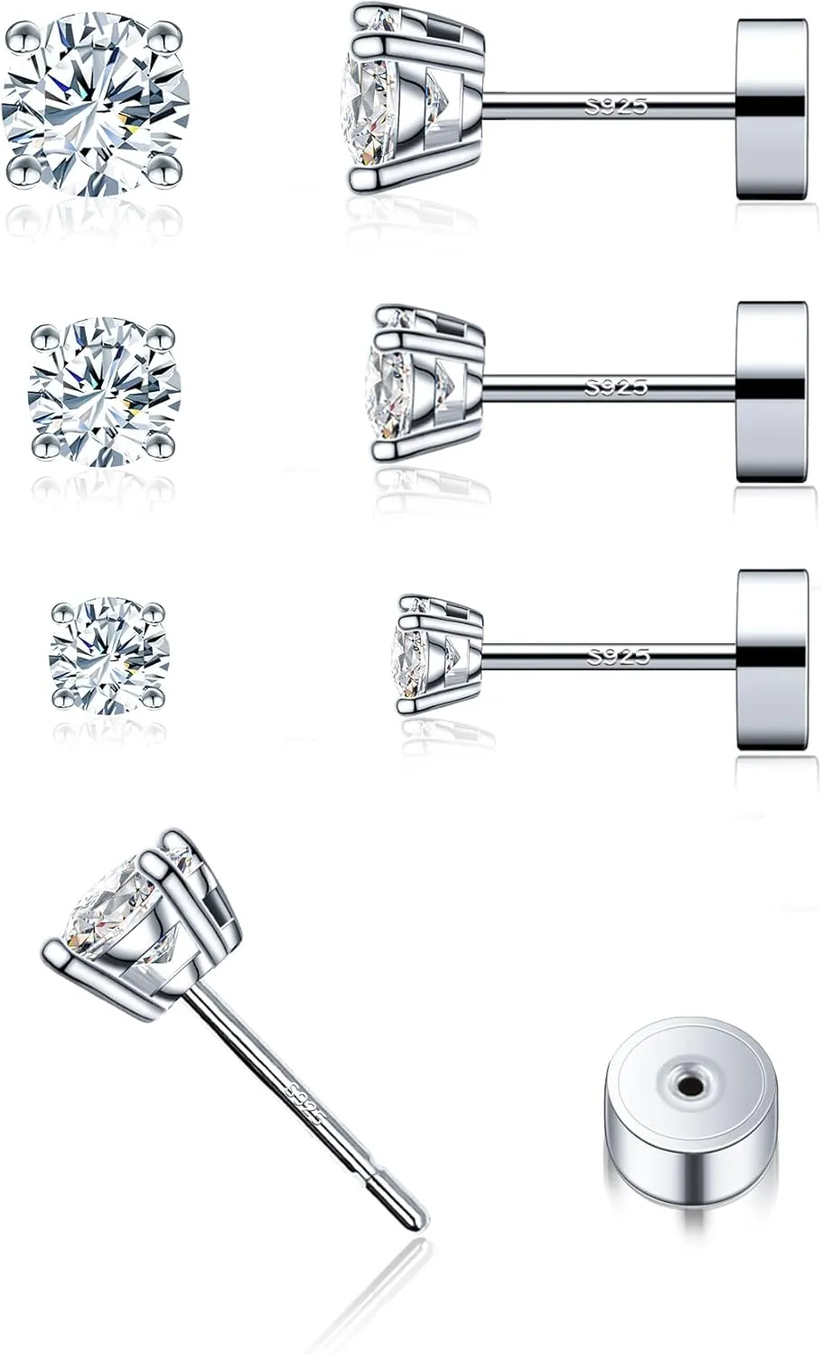 3 Pairs Moissanite Stud Earrings for Women & Men, Sterling Silver Hypoallergeni Design, Flat Back, Cartilage Helix Piercing Earring, D Color VVS1 Moissanite Earrings Set, 18K White Gold Plated