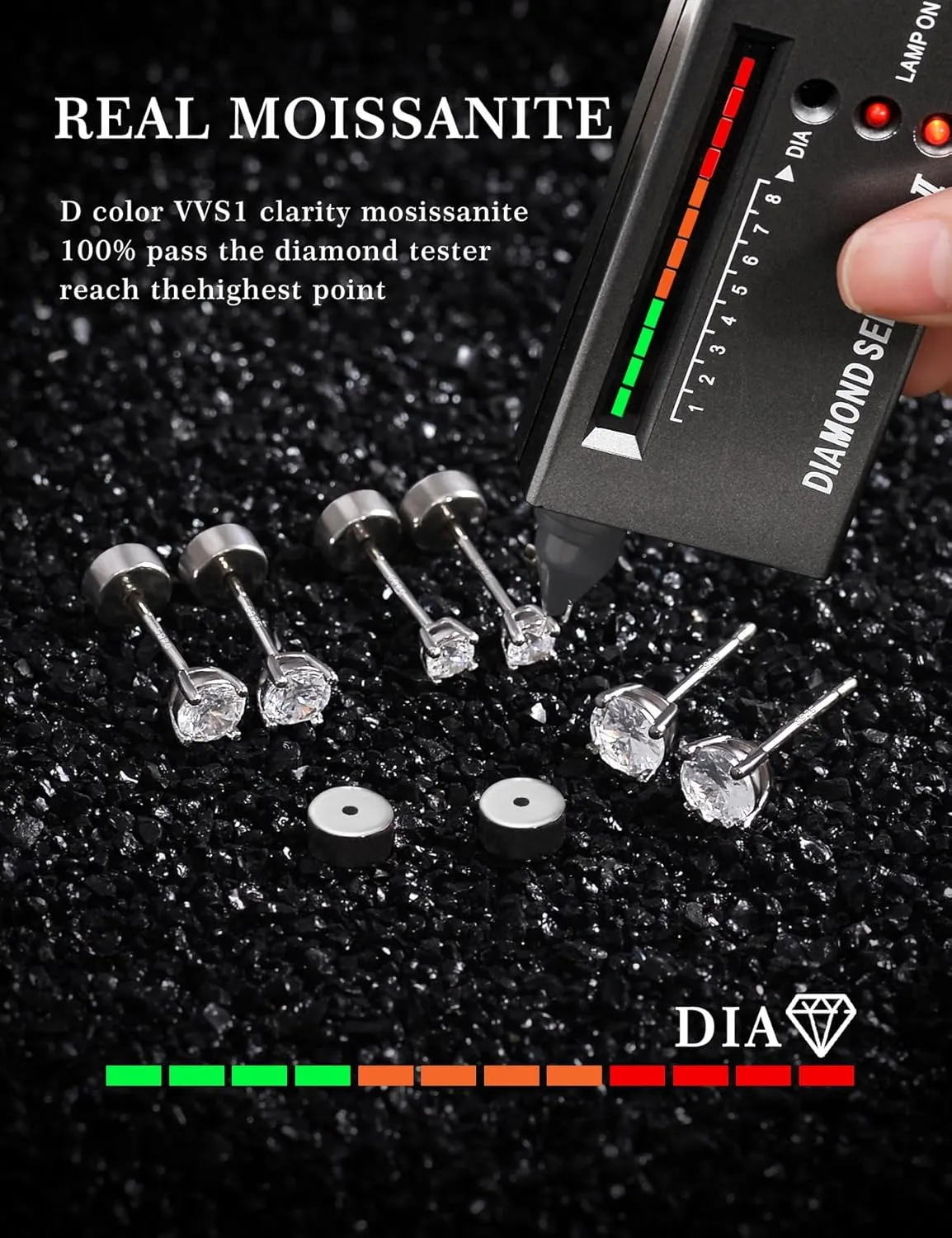 3 Pairs Moissanite Stud Earrings for Women & Men, Sterling Silver Hypoallergeni Design, Flat Back, Cartilage Helix Piercing Earring, D Color VVS1 Moissanite Earrings Set, 18K White Gold Plated