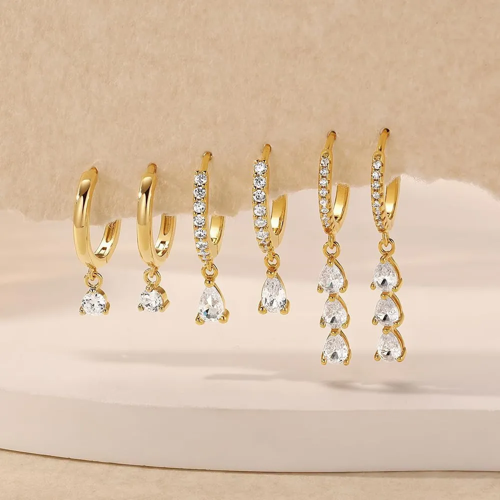 3Pairs Geometry Zircon Huggie Hoop Earrings Set for Women Hypoallergenic Cartilage Earrings Multiple Piercing Dainty Rhinestone Stud Earrings Trendy Drop Dangle Small Hoop Earrings