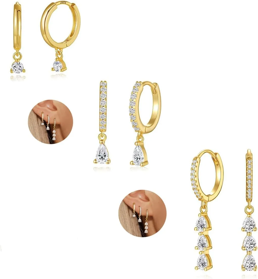 3Pairs Geometry Zircon Huggie Hoop Earrings Set for Women Hypoallergenic Cartilage Earrings Multiple Piercing Dainty Rhinestone Stud Earrings Trendy Drop Dangle Small Hoop Earrings