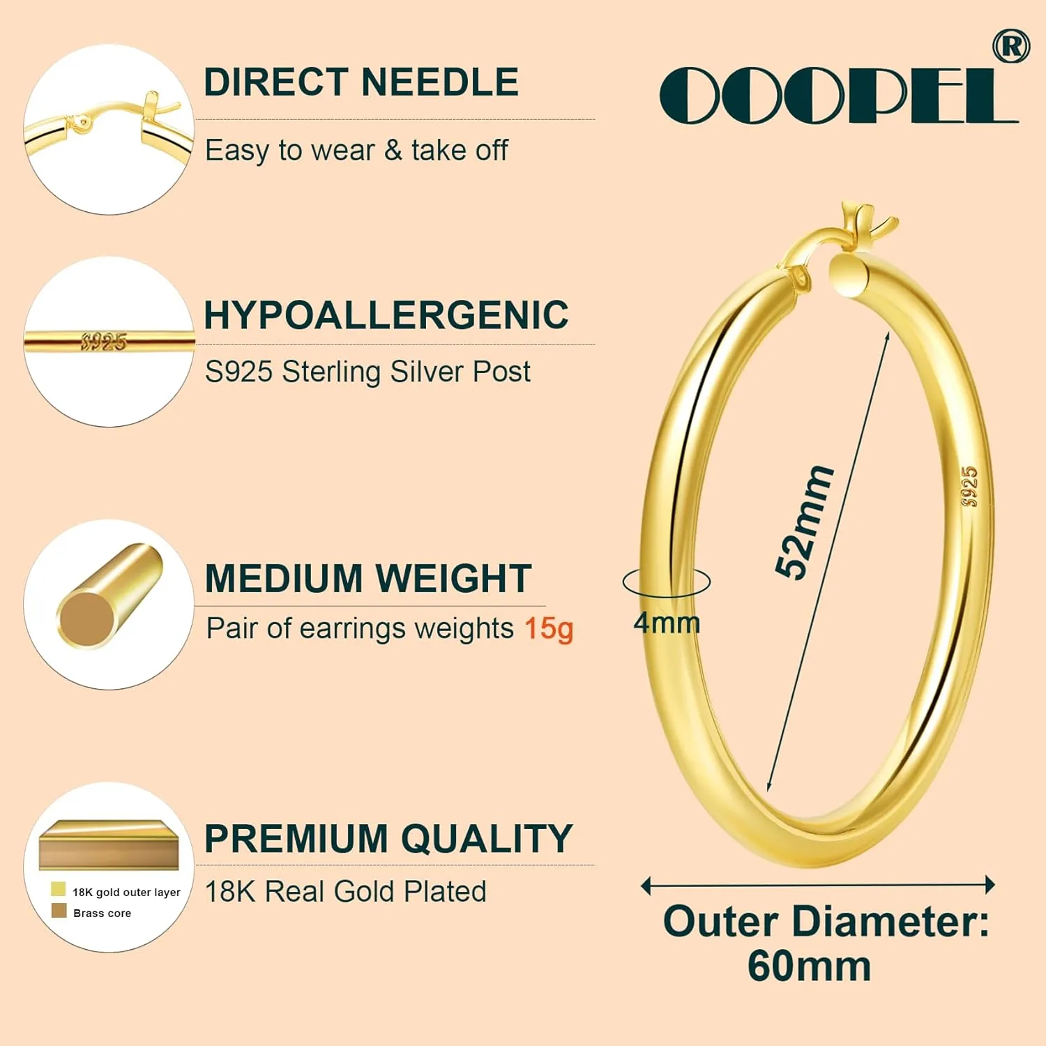 4mm Thick Gold Chunky Earrings Steling Silver Post Hoops Earrings For Women Hollow Tube Hoops Earrings Thick Gold Hoop Earrings Hypoallergenic Lightweight Gold Hoop Large Earrings 20/30/40/50/60MM