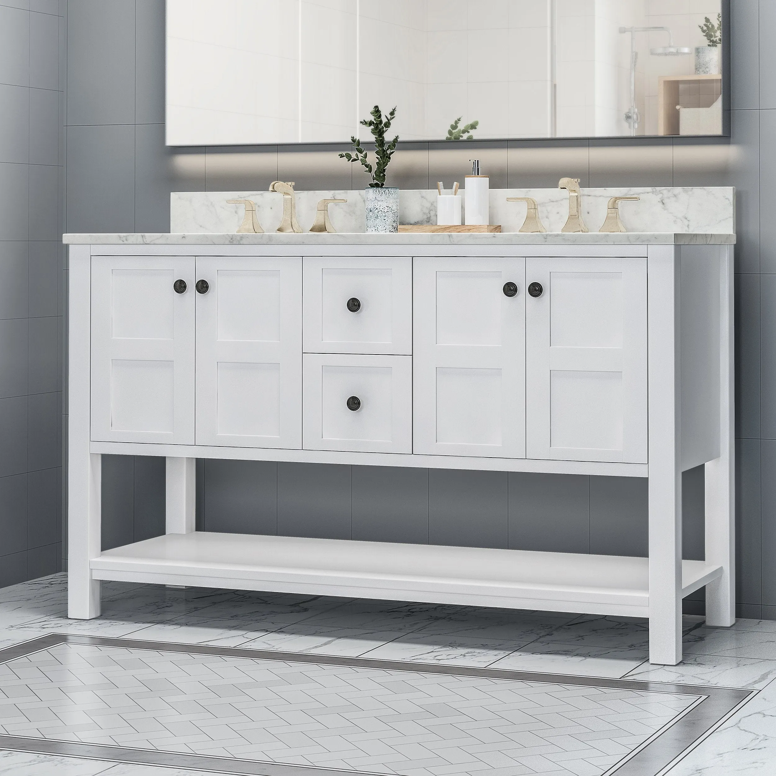 60" Wood Double Sink Bathroom Vanity with Marble Counter Top with Carrara White Marble - NH529703