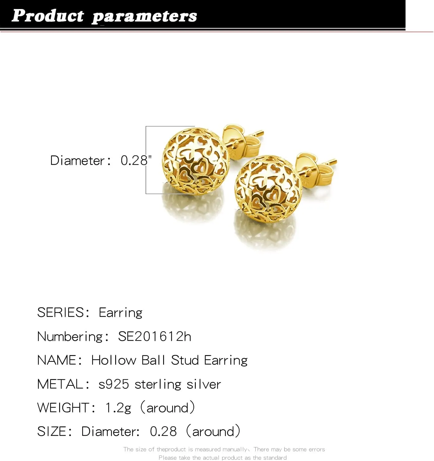 925 Sterling Silver Ball Stud Earrings - 0.28'' Heart Pattern Earrings For Women - 24K Gold Plated Round Earrings Fine Jewelry