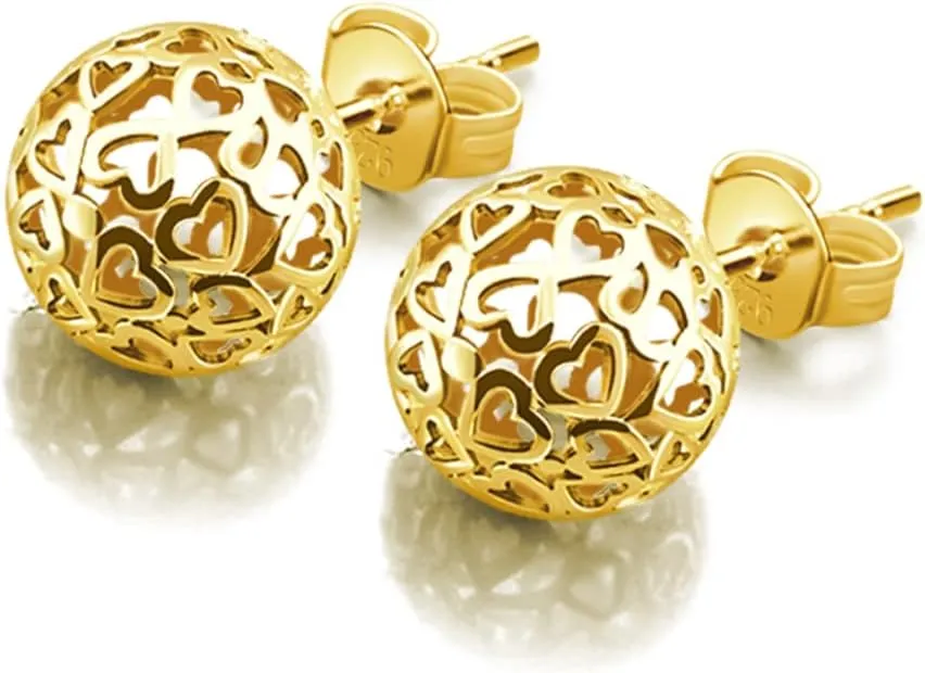 925 Sterling Silver Ball Stud Earrings - 0.28'' Heart Pattern Earrings For Women - 24K Gold Plated Round Earrings Fine Jewelry