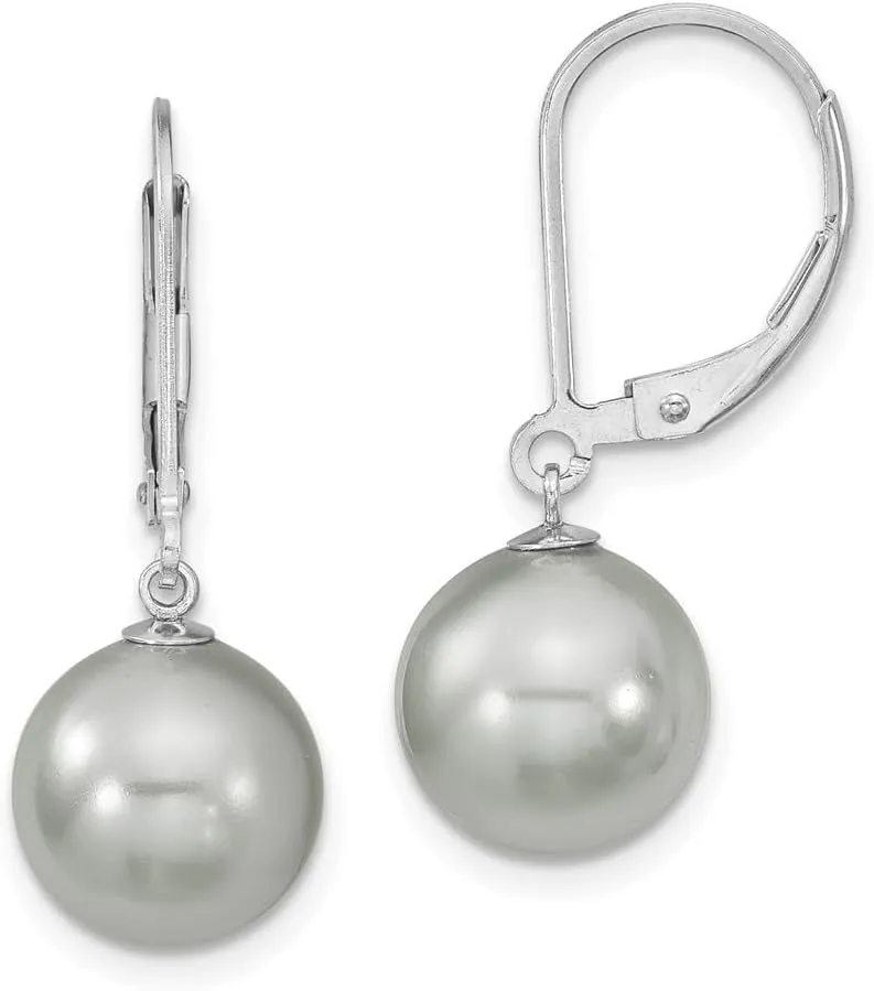 925 Sterling Silver Rhodium-plated 10-11mm Grey Imitation Shell Pearl Leverback Dangle Earrings