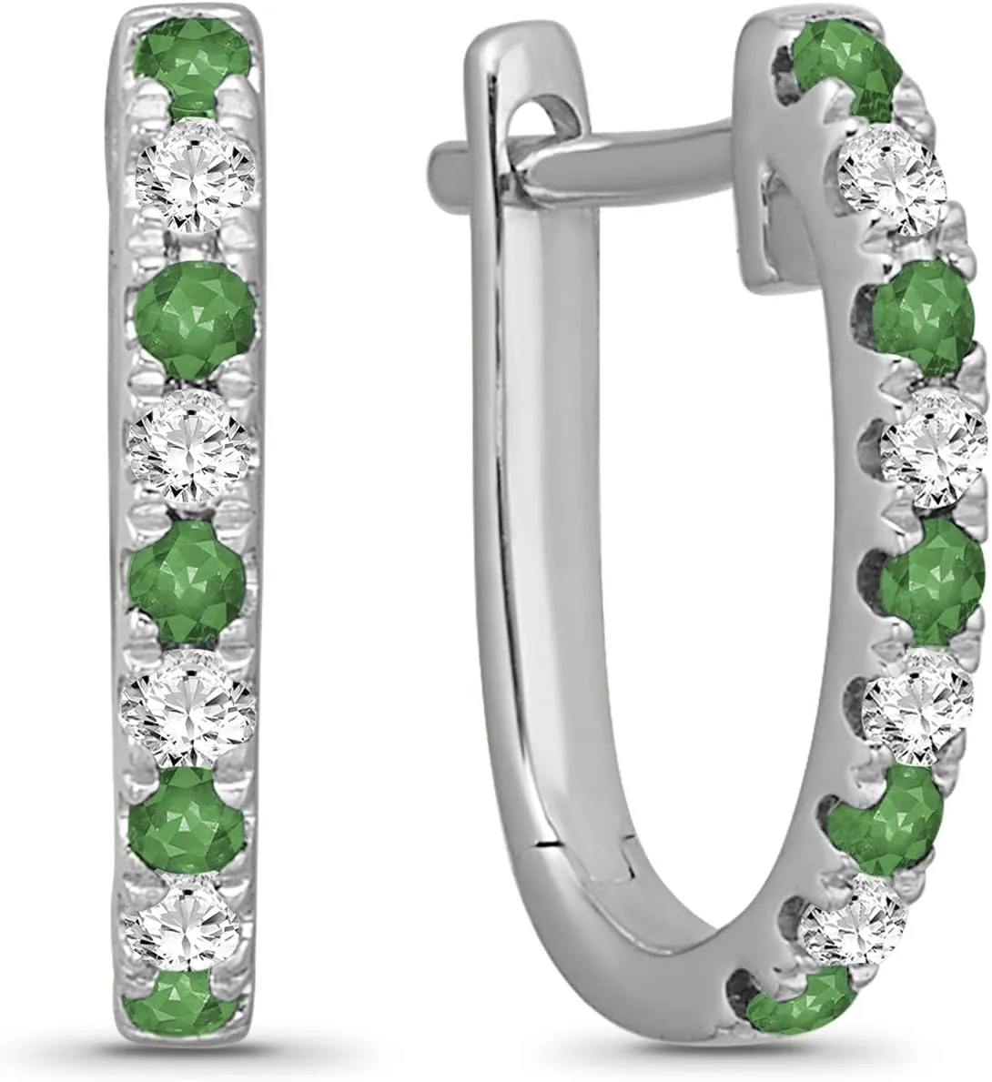 925 Sterling Silver Round-shape Diamond and Emerald Hoop Earrings for Women (1/10 cttw, I-J Color, I2-I3 Clarity)