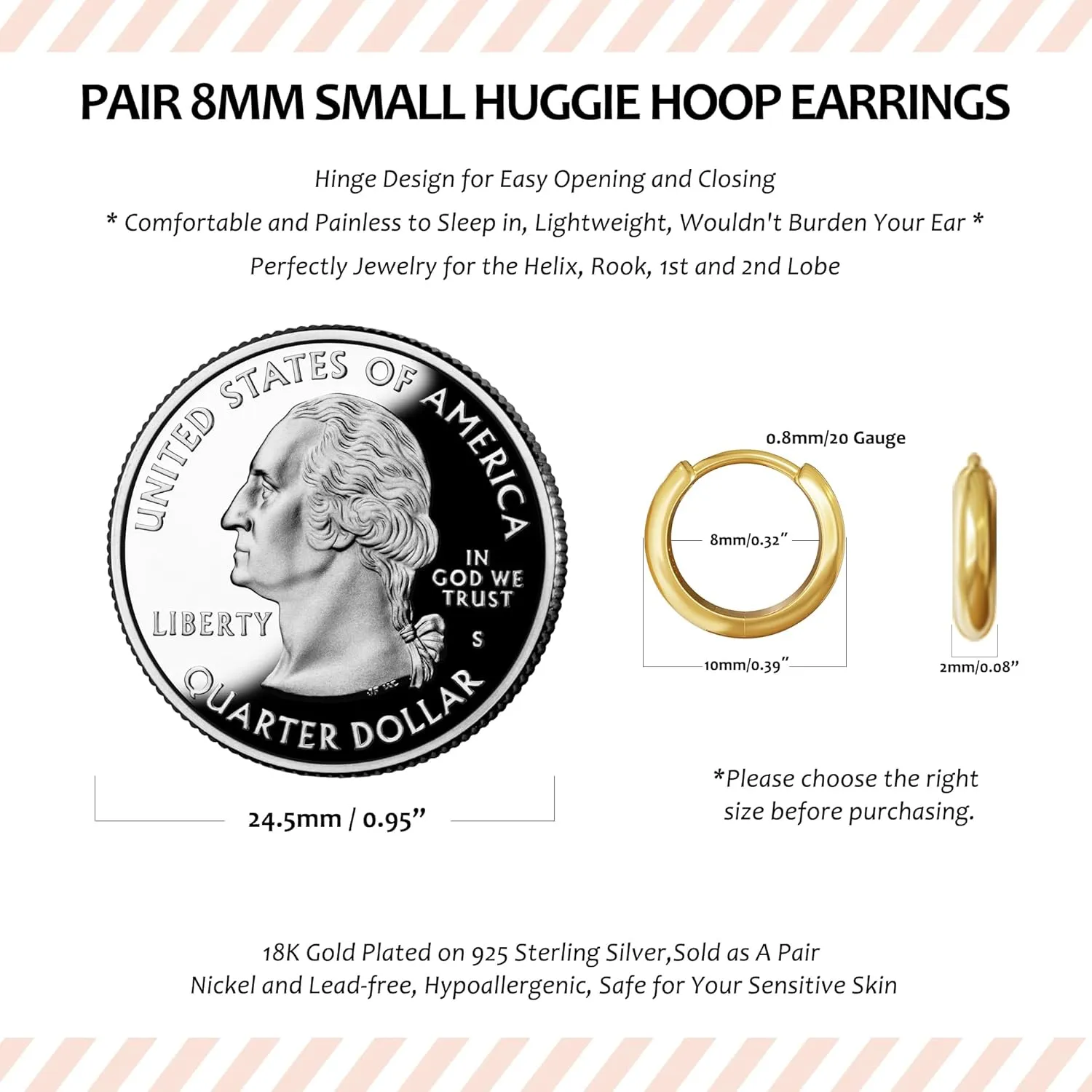 925 Sterling Silver Small Gold Hoop Earrings for Women Men,18K Gold Plated Hinge Huggie Hoop Earrings fit Helix, Rook, Earlobe Lightweight Hypoallergenic Earrings (1 Pair - 8mm)