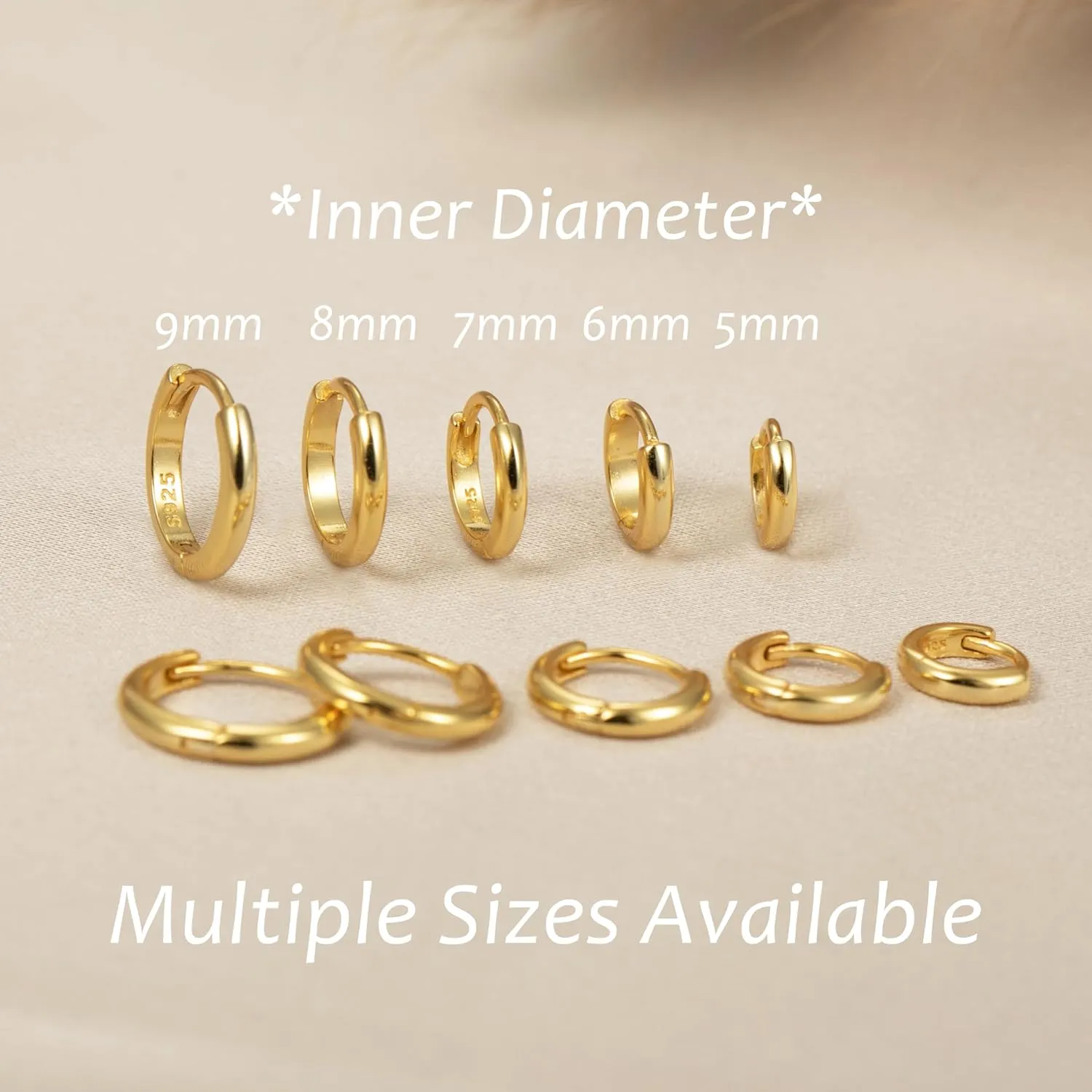 925 Sterling Silver Small Gold Hoop Earrings for Women Men,18K Gold Plated Hinge Huggie Hoop Earrings fit Helix, Rook, Earlobe Lightweight Hypoallergenic Earrings (1 Pair - 8mm)
