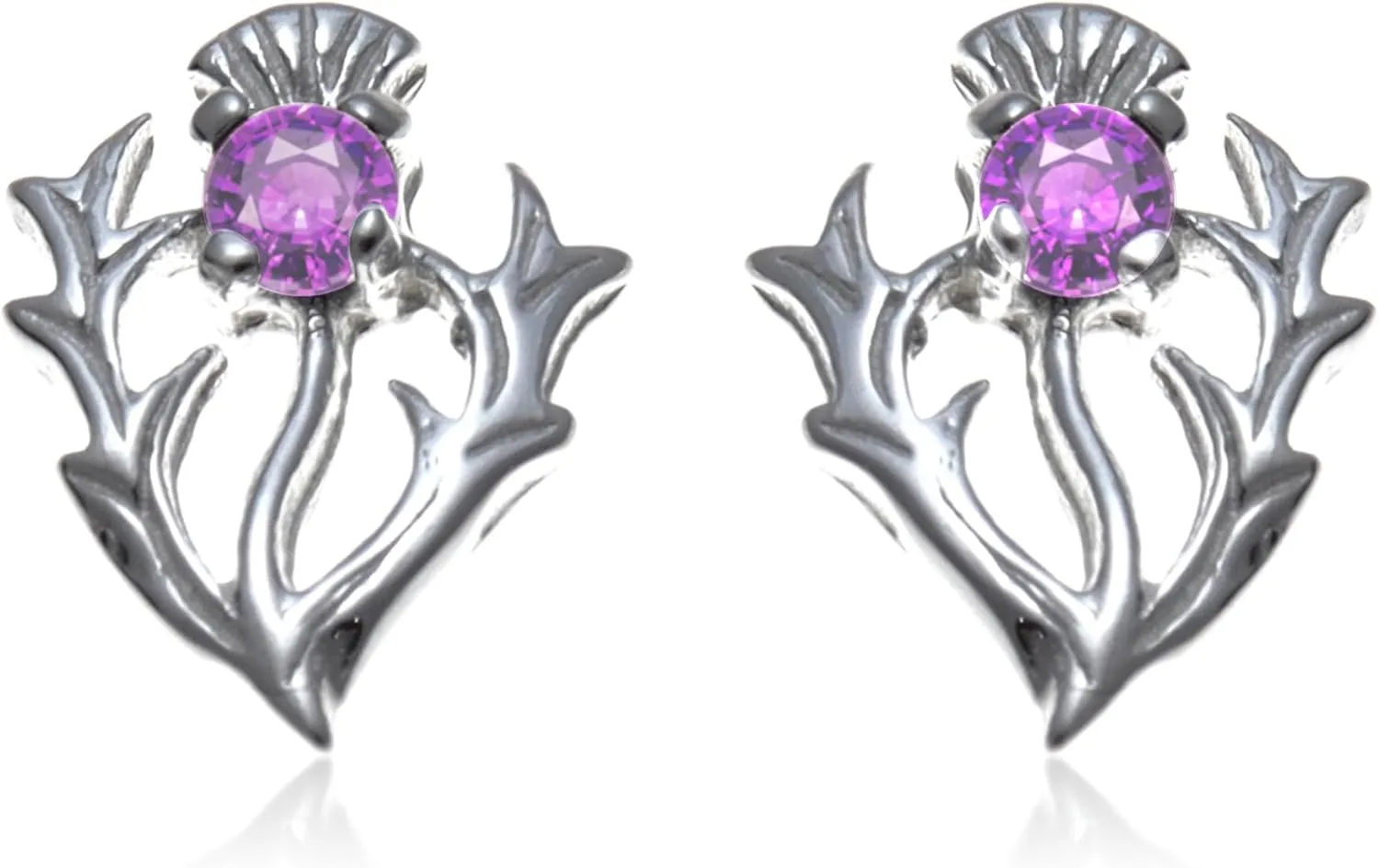 Alexander Castle 925 Sterling Silver Scottish Thistle Genuine Amethyst Earrings 12mm x 10mm Stud Earrings with Jewelry Gift Box - Purple Earrings for Women