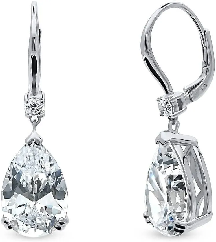 BERRICLE Sterling Silver Solitaire 11.4 Carat Pear Cut Cubic Zirconia CZ Statement Anniversary Leverback Dangle Drop Earrings for Women, Rhodium Plated