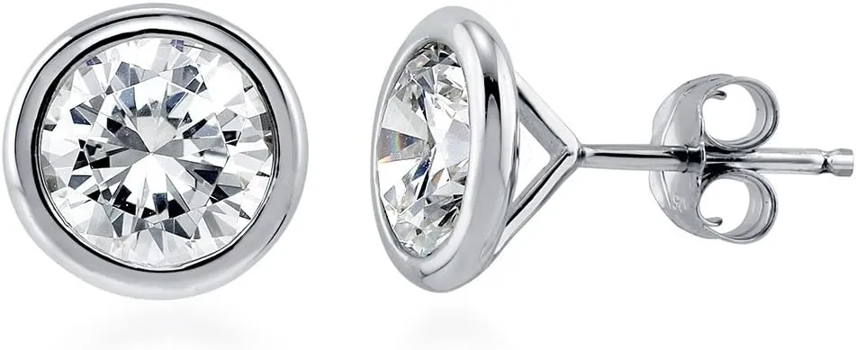 BERRICLE Sterling Silver Solitaire Bezel Set Round Cut Cubic Zirconia Stud Earrings, Unisex for Women/Men, Yellow Gold/Rhodium Plated, Small/Large CZ 4-9mm
