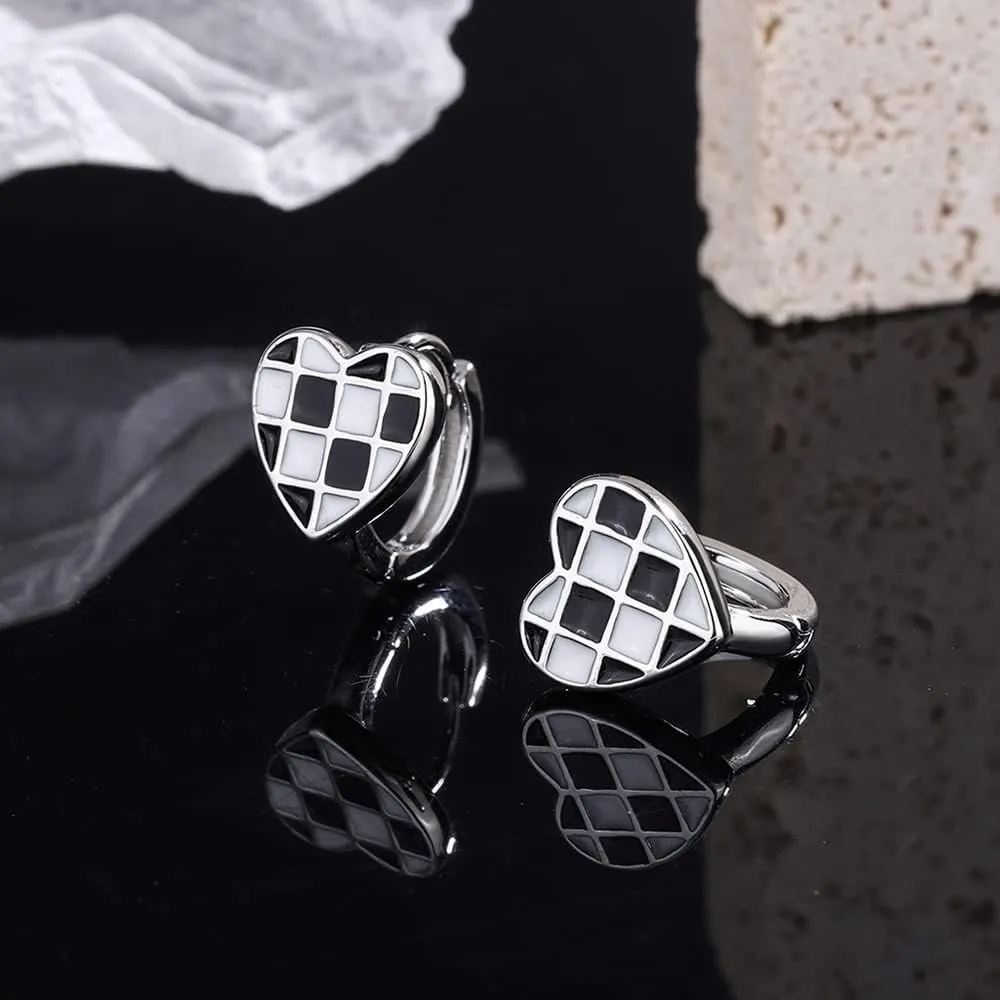 BG&WLing Black White Checkered Love Heart Huggie Hoop Earrings 925 Sterling Silver Small Huggie Hoops Hypoallergenic Dainty Jewelry for Women