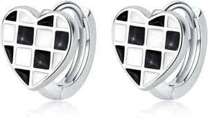 BG&WLing Black White Checkered Love Heart Huggie Hoop Earrings 925 Sterling Silver Small Huggie Hoops Hypoallergenic Dainty Jewelry for Women