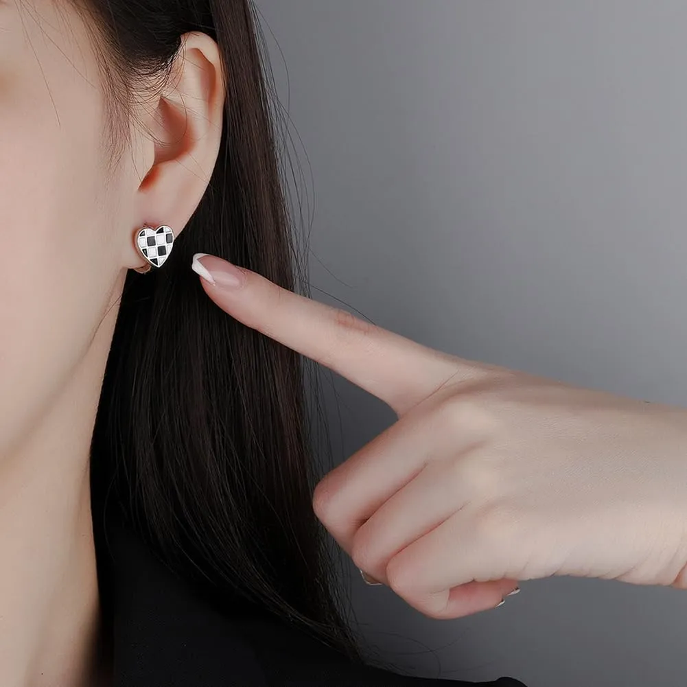 BG&WLing Black White Checkered Love Heart Huggie Hoop Earrings 925 Sterling Silver Small Huggie Hoops Hypoallergenic Dainty Jewelry for Women