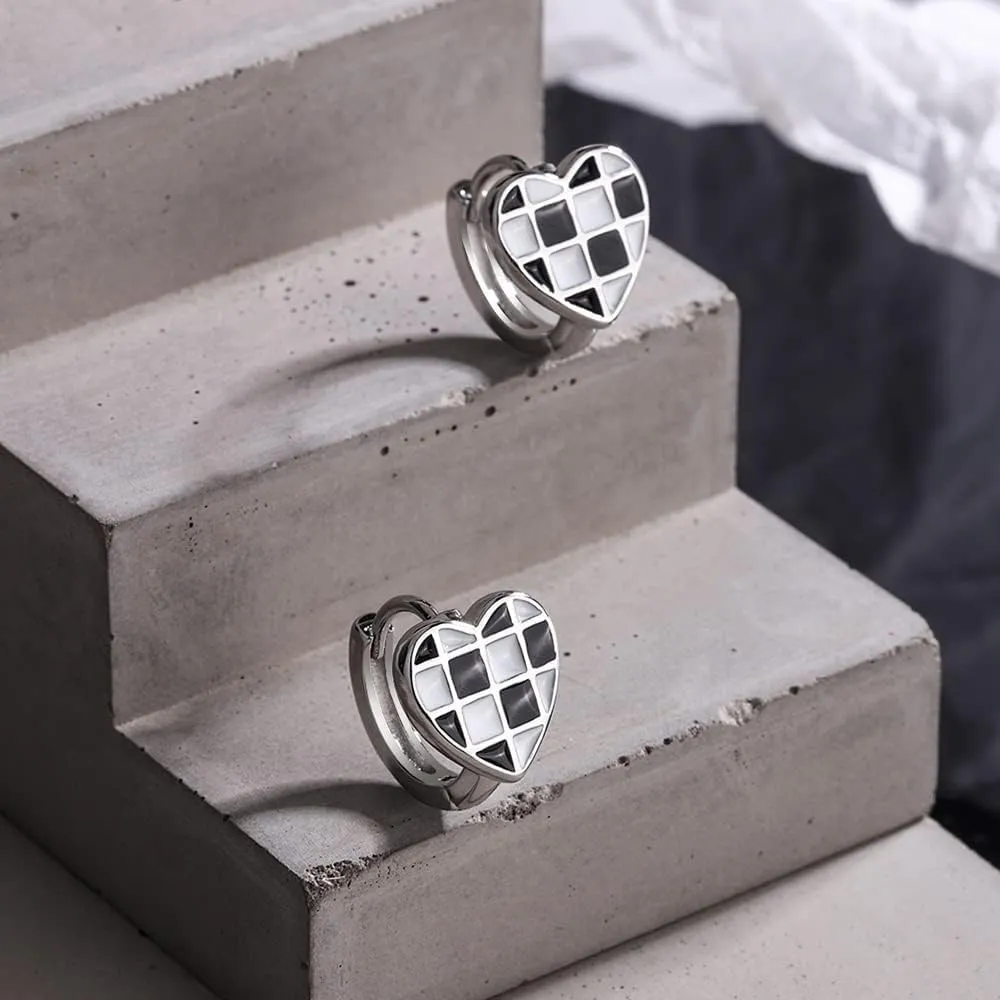 BG&WLing Black White Checkered Love Heart Huggie Hoop Earrings 925 Sterling Silver Small Huggie Hoops Hypoallergenic Dainty Jewelry for Women