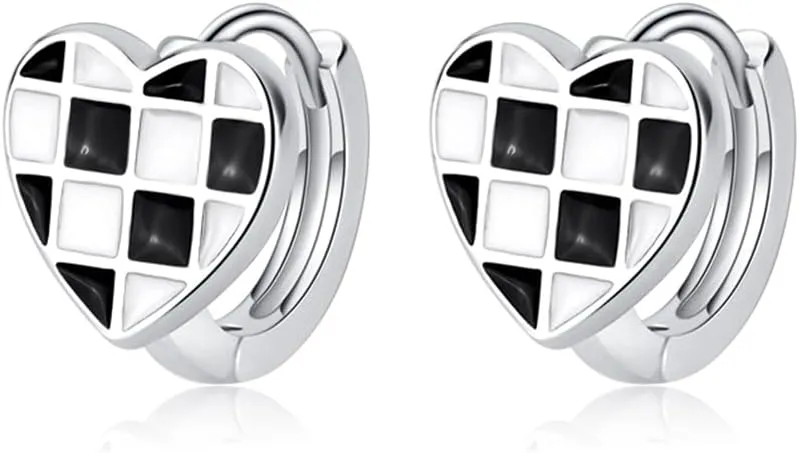 BG&WLing Black White Checkered Love Heart Huggie Hoop Earrings 925 Sterling Silver Small Huggie Hoops Hypoallergenic Dainty Jewelry for Women
