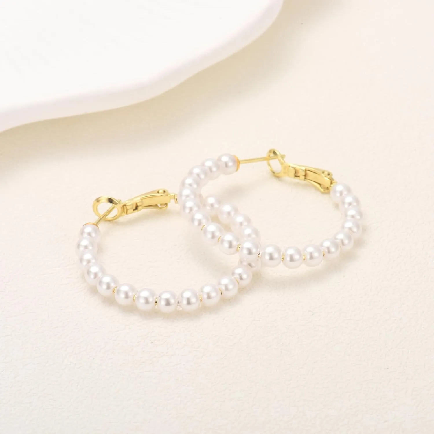CERSLIMO Pearl Hoop Earrings for Women - 3 Pairs 14K Gold Plated & Sterling Silver Post Big Large Hoops 4mm Pearl Earrings Jewelry Gifts 20/30/40/50mm