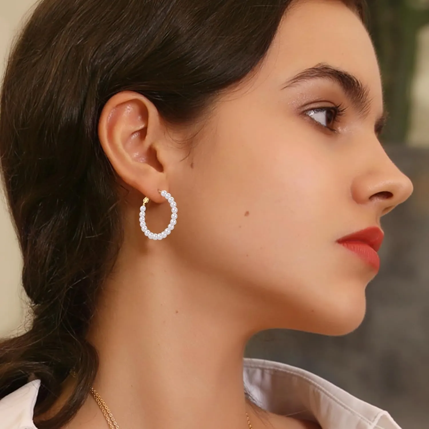 CERSLIMO Pearl Hoop Earrings for Women - 3 Pairs 14K Gold Plated & Sterling Silver Post Big Large Hoops 4mm Pearl Earrings Jewelry Gifts 20/30/40/50mm