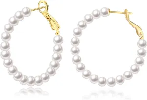 CERSLIMO Pearl Hoop Earrings for Women - 3 Pairs 14K Gold Plated & Sterling Silver Post Big Large Hoops 4mm Pearl Earrings Jewelry Gifts 20/30/40/50mm