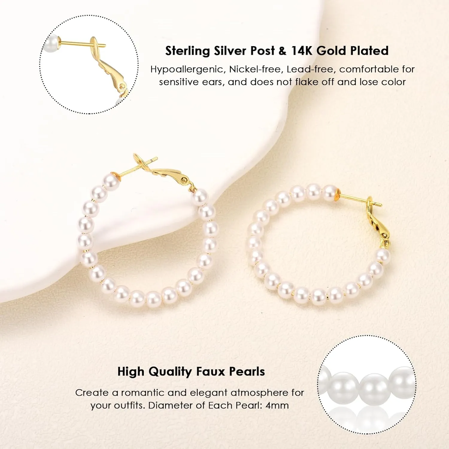 CERSLIMO Pearl Hoop Earrings for Women - 3 Pairs 14K Gold Plated & Sterling Silver Post Big Large Hoops 4mm Pearl Earrings Jewelry Gifts 20/30/40/50mm