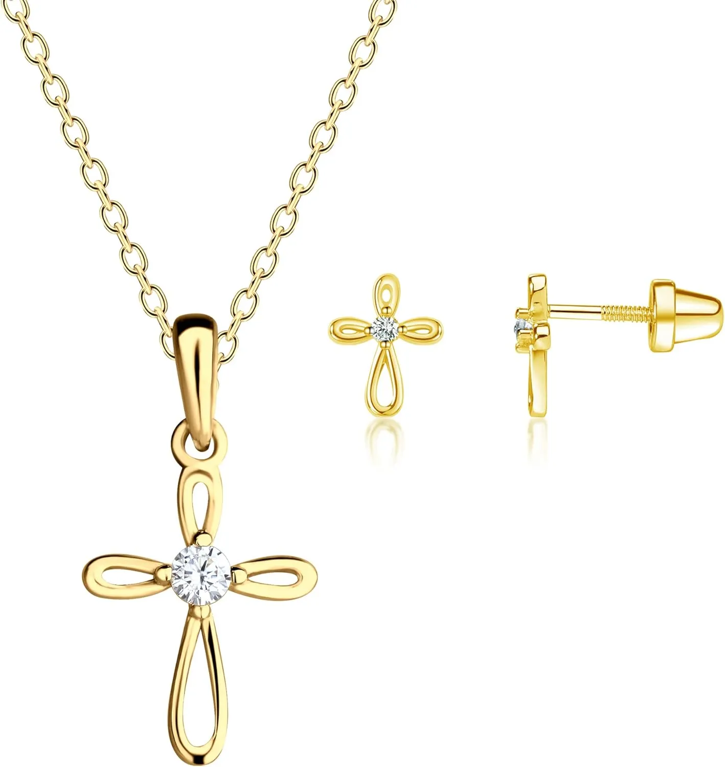 Cherished Moments 14K Gold-Plated Infinity Cross Necklace and Earring Set for First Communion Gift