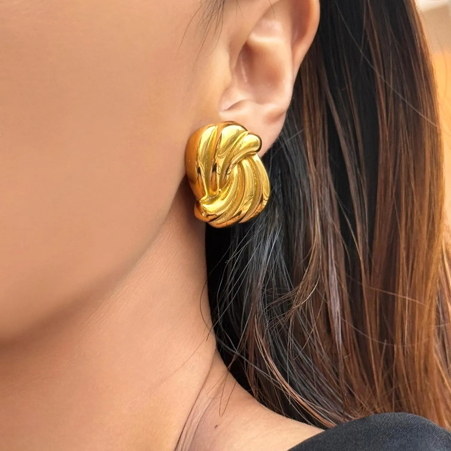 Chunky Gold Earrings for Women, 18K Gold Plated Big Statement Earrings, Trendy Large Gold Stud Earrings