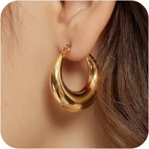 Chunky Gold Hoop Earrings for Women, Dainty Gold Hoops Earrings 14K Gold Plated Lightweight Teardrop Square Earrings Hypoallergenic Minimalist Drop Earrings for Women Trendy Gold Jewelry