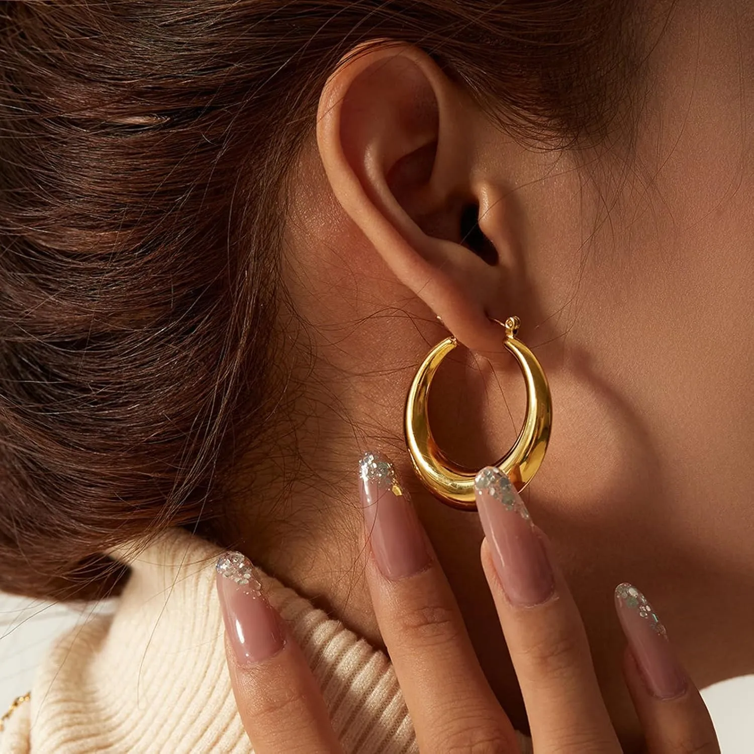 Chunky Gold Hoop Earrings for Women, Dainty Gold Hoops Earrings 14K Gold Plated Lightweight Teardrop Square Earrings Hypoallergenic Minimalist Drop Earrings for Women Trendy Gold Jewelry