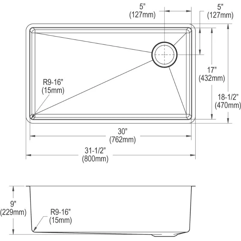 Crosstown 18.5" x 31.5" x 9" Stainless Steel Single-Basin Undermount Kitchen Sink