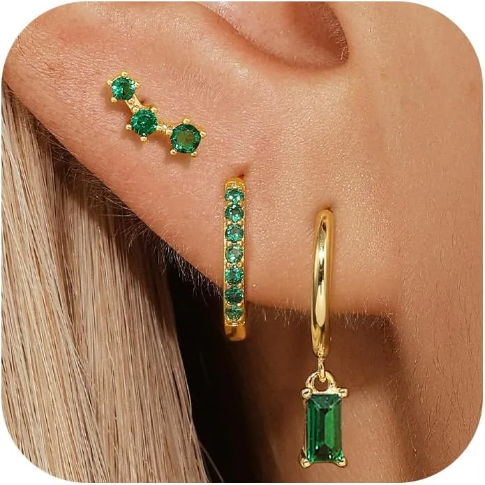 Dainty Earrings Set for Women, Gold|Silver Emerald Green | Shiny CZ Hoop Stud Earrings Set, 14K Gold Plated Hypoallergenic Lightweight No Tarnish No Lead & Nickel