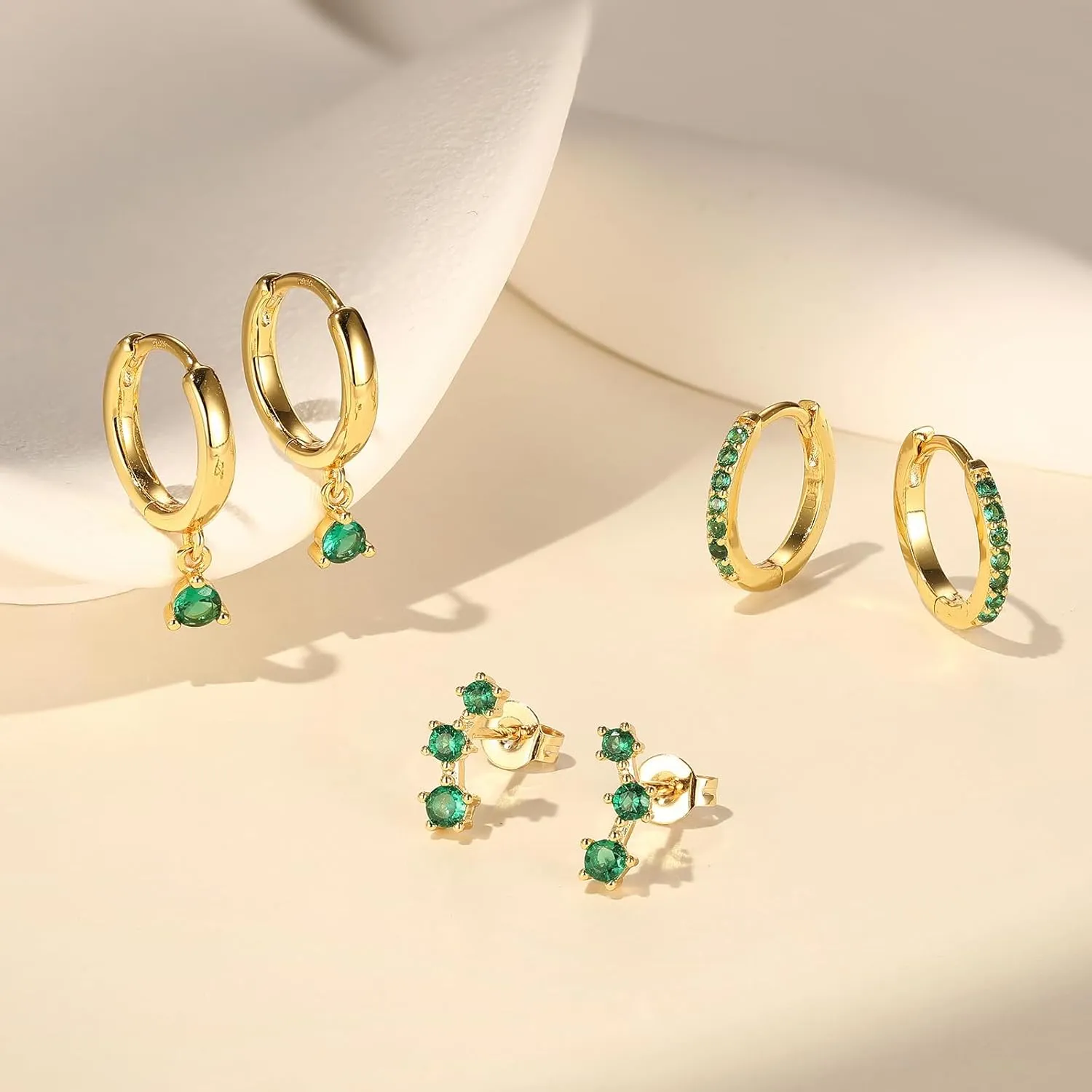 Dainty Earrings Set for Women, Gold|Silver Emerald Green | Shiny CZ Hoop Stud Earrings Set, 14K Gold Plated Hypoallergenic Lightweight No Tarnish No Lead & Nickel