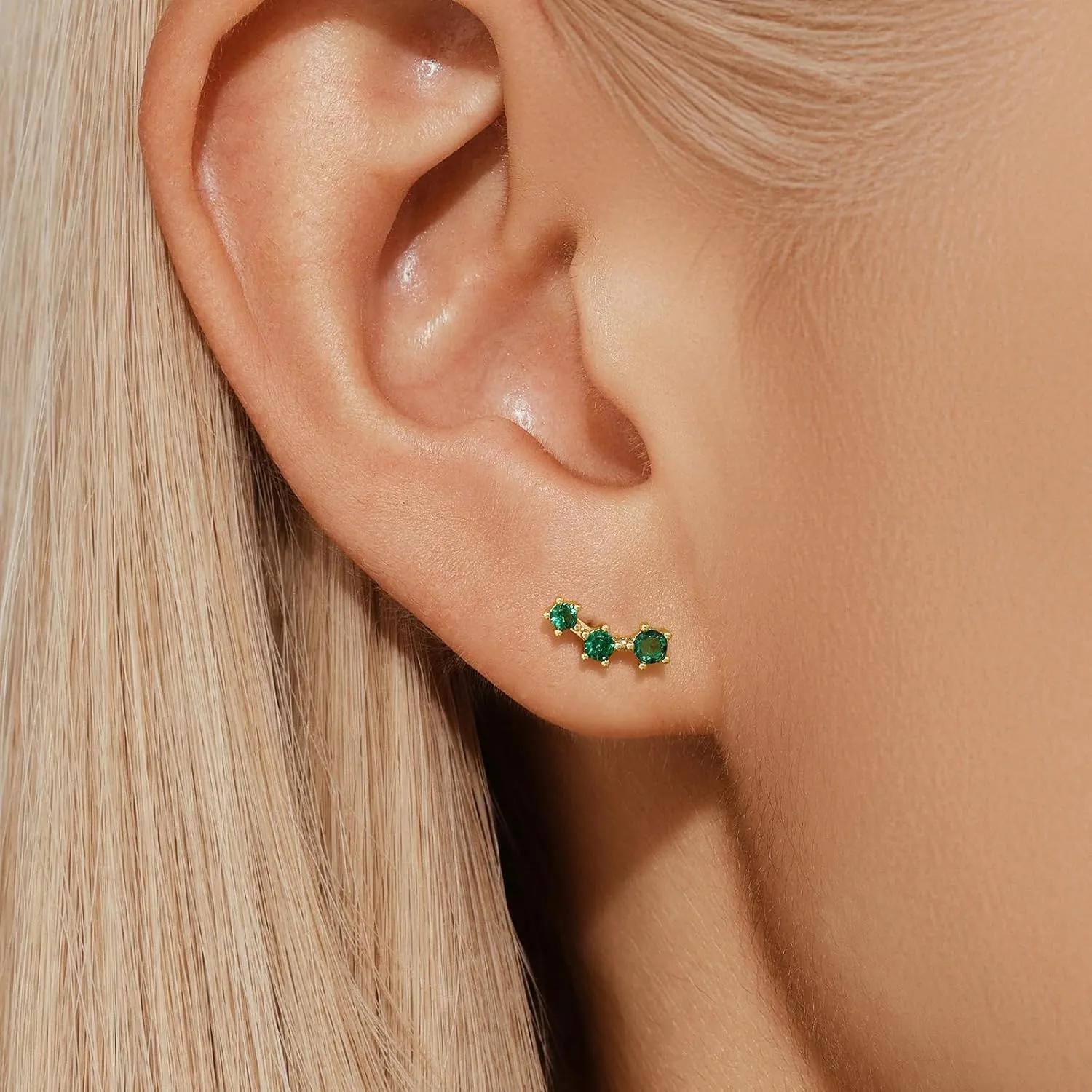 Dainty Earrings Set for Women, Gold|Silver Emerald Green | Shiny CZ Hoop Stud Earrings Set, 14K Gold Plated Hypoallergenic Lightweight No Tarnish No Lead & Nickel