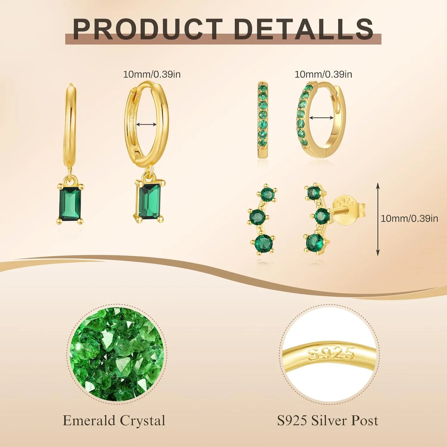 Dainty Earrings Set for Women, Gold|Silver Emerald Green | Shiny CZ Hoop Stud Earrings Set, 14K Gold Plated Hypoallergenic Lightweight No Tarnish No Lead & Nickel