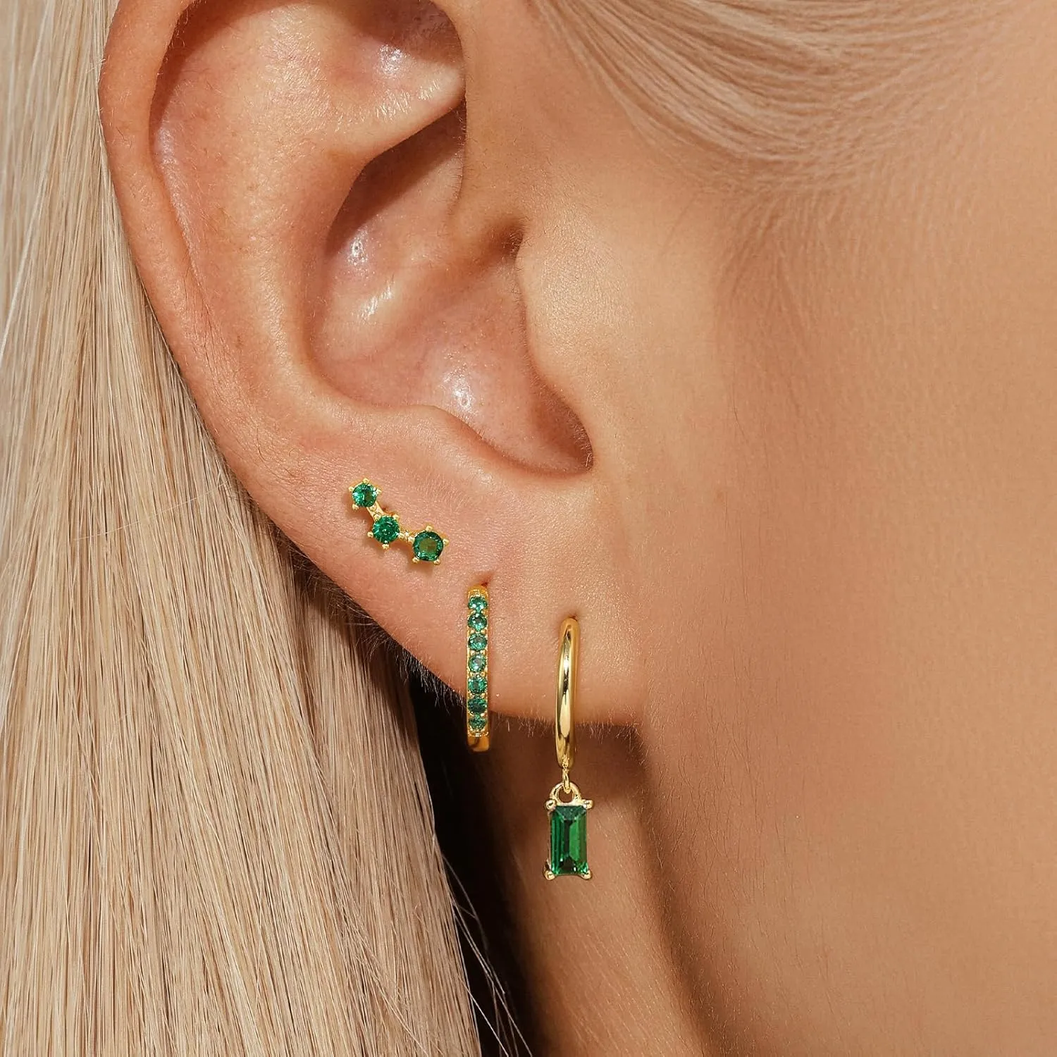 Dainty Earrings Set for Women, Gold|Silver Emerald Green | Shiny CZ Hoop Stud Earrings Set, 14K Gold Plated Hypoallergenic Lightweight No Tarnish No Lead & Nickel