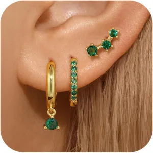 Dainty Earrings Set for Women, Gold|Silver Emerald Green | Shiny CZ Hoop Stud Earrings Set, 14K Gold Plated Hypoallergenic Lightweight No Tarnish No Lead & Nickel