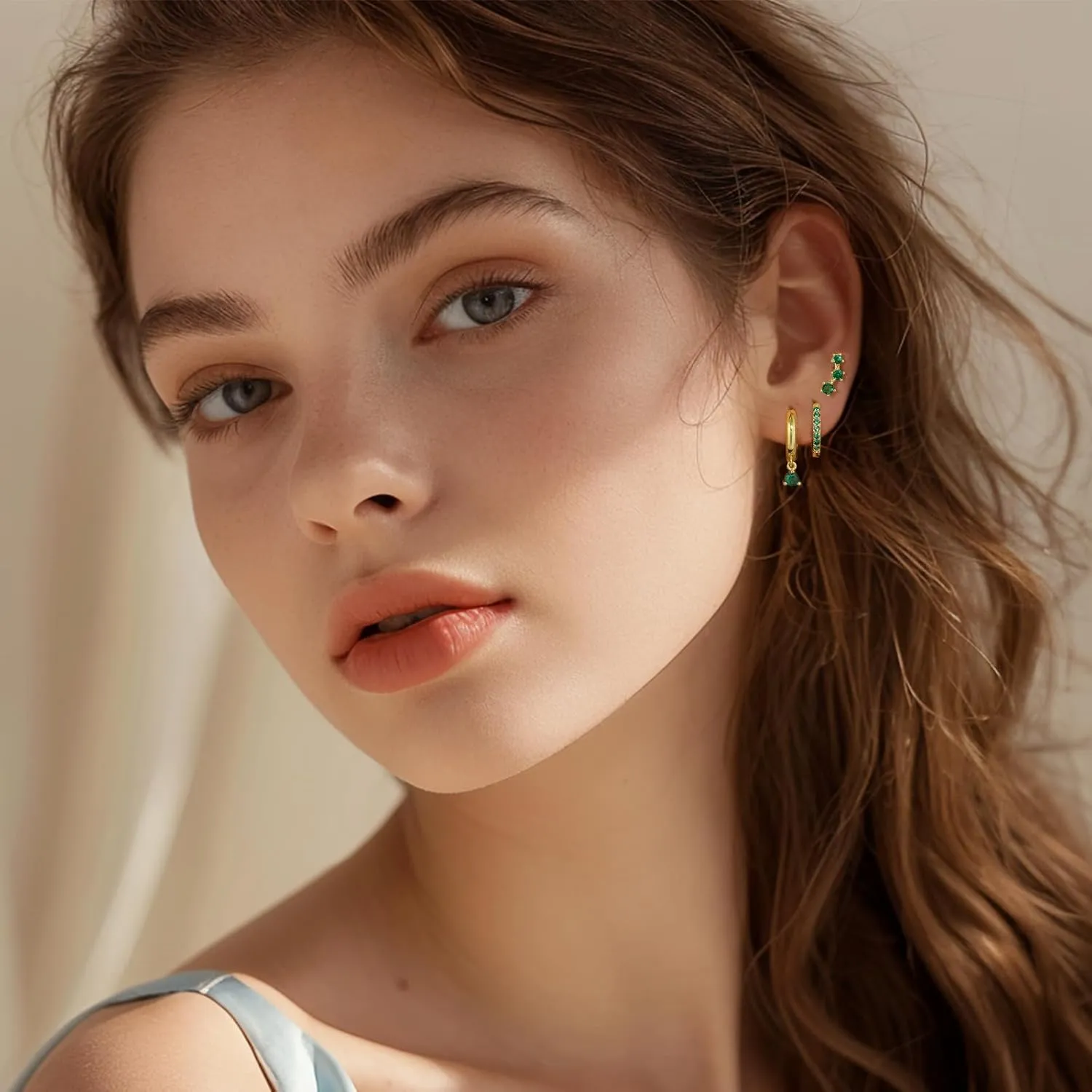 Dainty Earrings Set for Women, Gold|Silver Emerald Green | Shiny CZ Hoop Stud Earrings Set, 14K Gold Plated Hypoallergenic Lightweight No Tarnish No Lead & Nickel