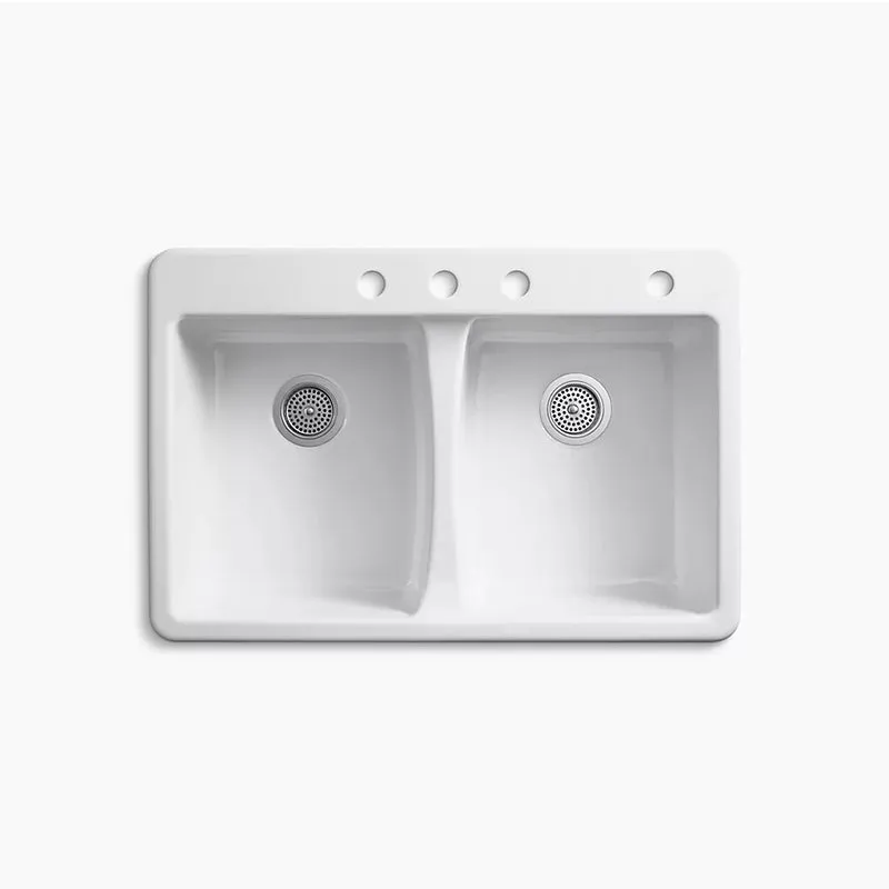 Deerfield 22" x 33" x 9.63" Enameled Cast Iron Double-Basin Drop-In Kitchen Sink in White - 4 Faucet Holes