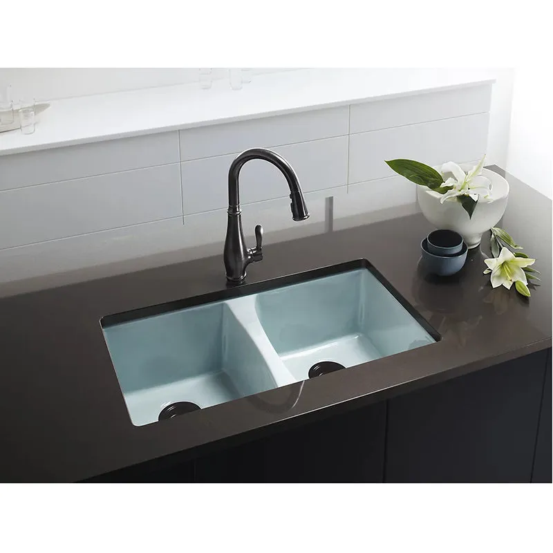 Deerfield 22" x 33" x 9.63" Enameled Cast Iron Double-Basin Undermount Kitchen Sink in Biscuit